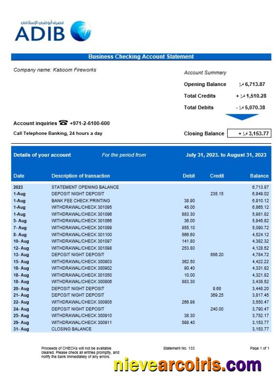 Abu Dhabi Islamic Bank company checking account statement